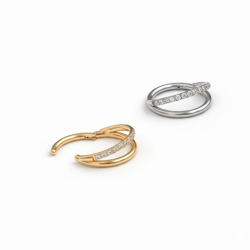 Titanium double ring with stones on one band
