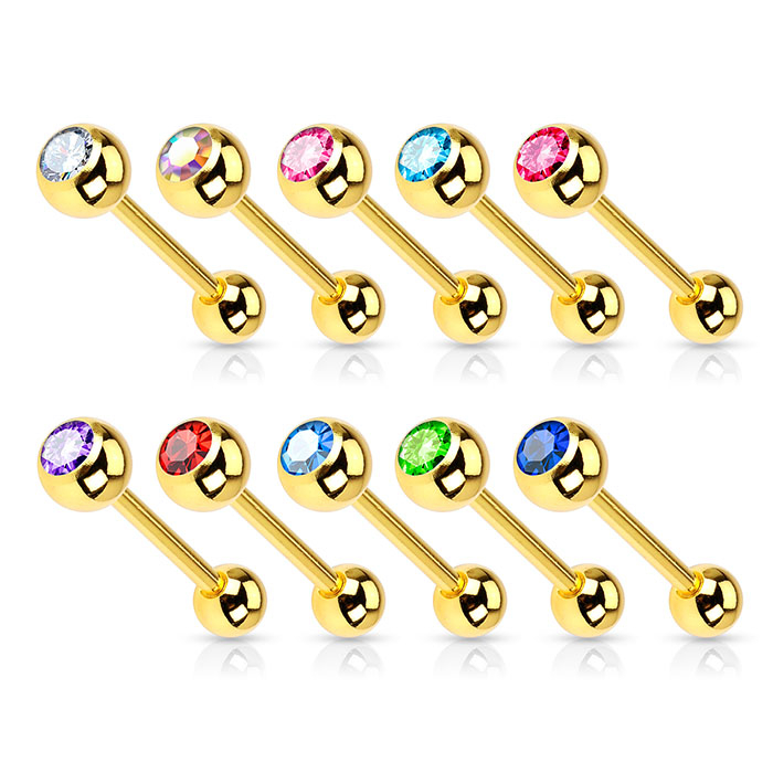 Tongue barbell gold-plated with bezel-set stone in your choice of color