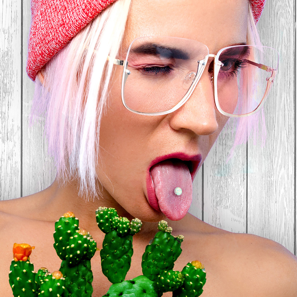 Tongue barbell with opal stone