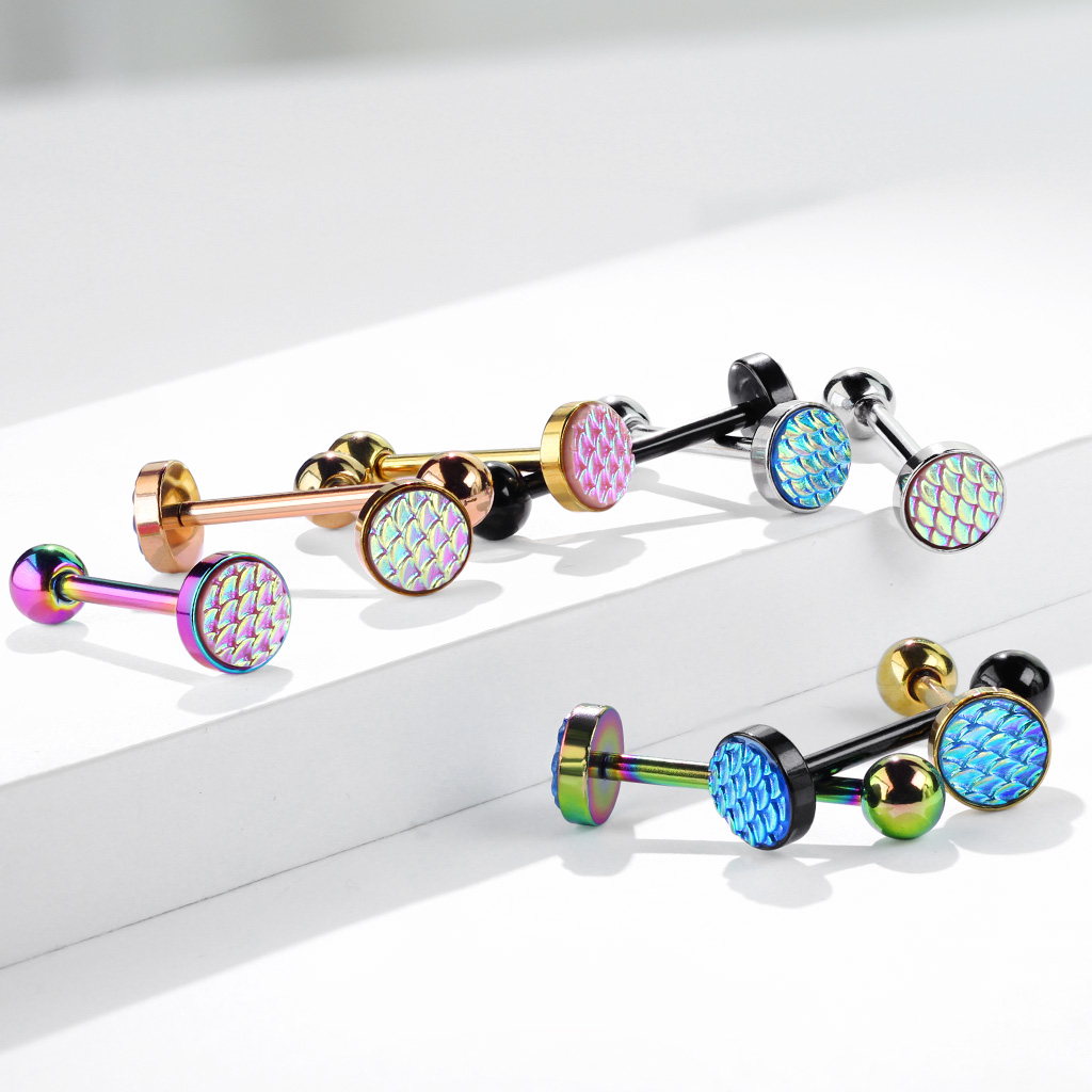 Tongue barbell with nuance changing scales design