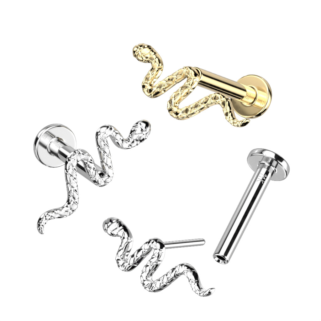Push-in labret od 14K zlata s prekrasnom zmijom