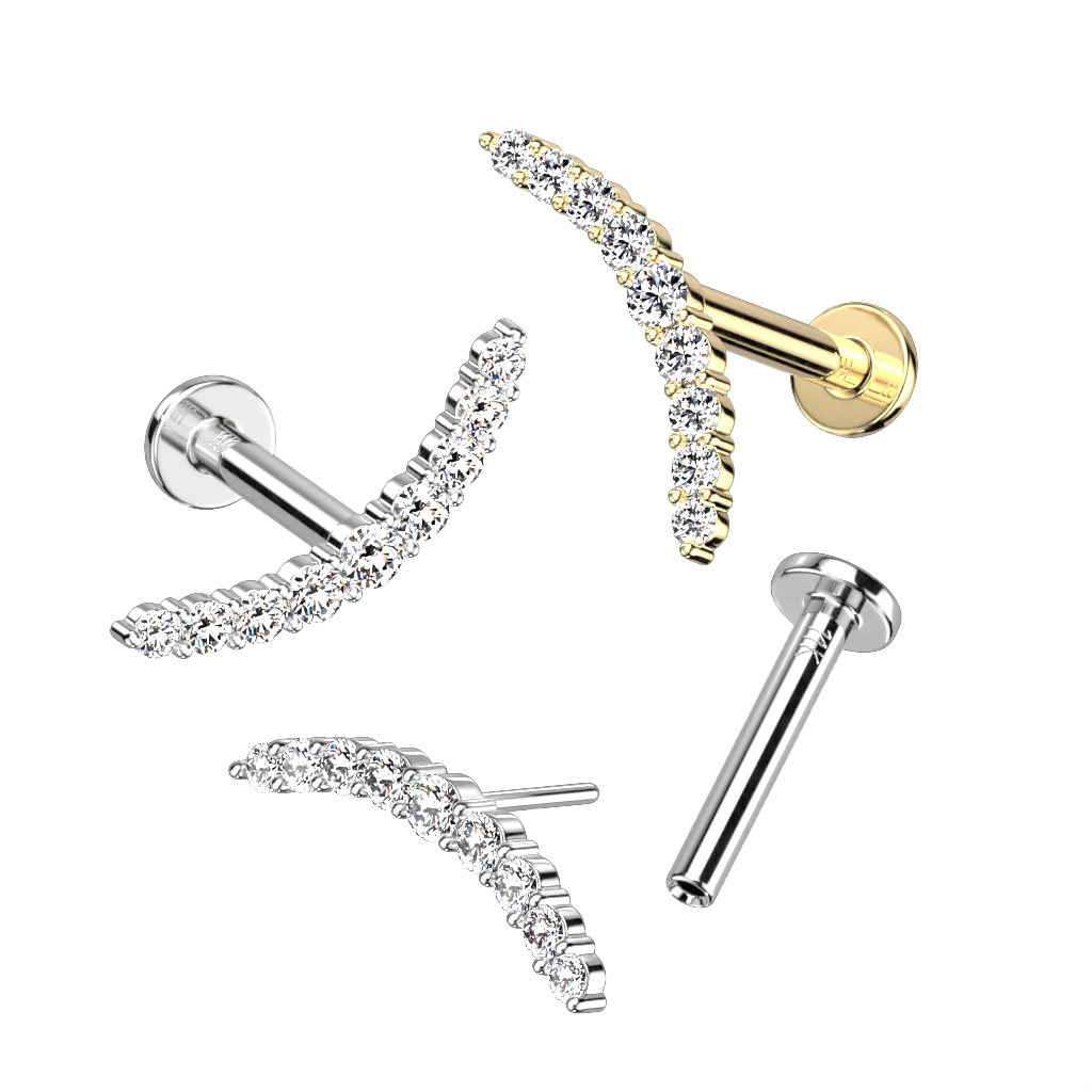 Zakrivljeni labret od 14K zlata s cirkonima