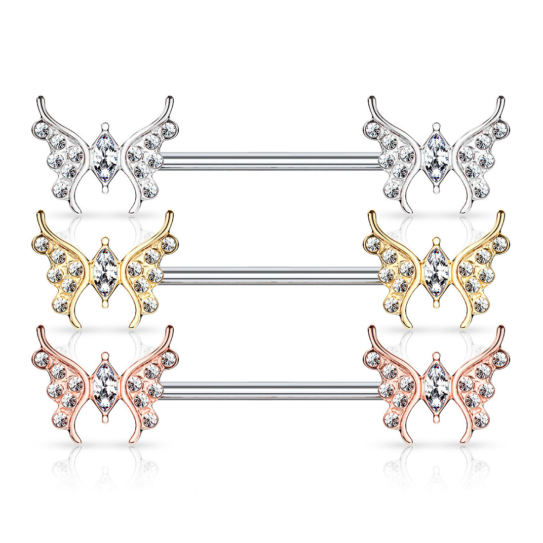 Nipple barbell with butterflies and gemstones